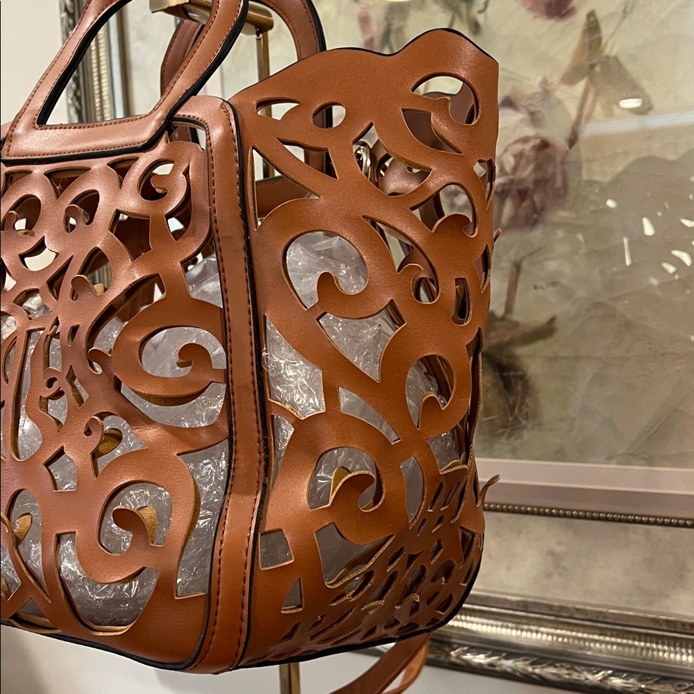 Brown Laser Cut Cutout Handbag Crossbody - Picture 3 of 11